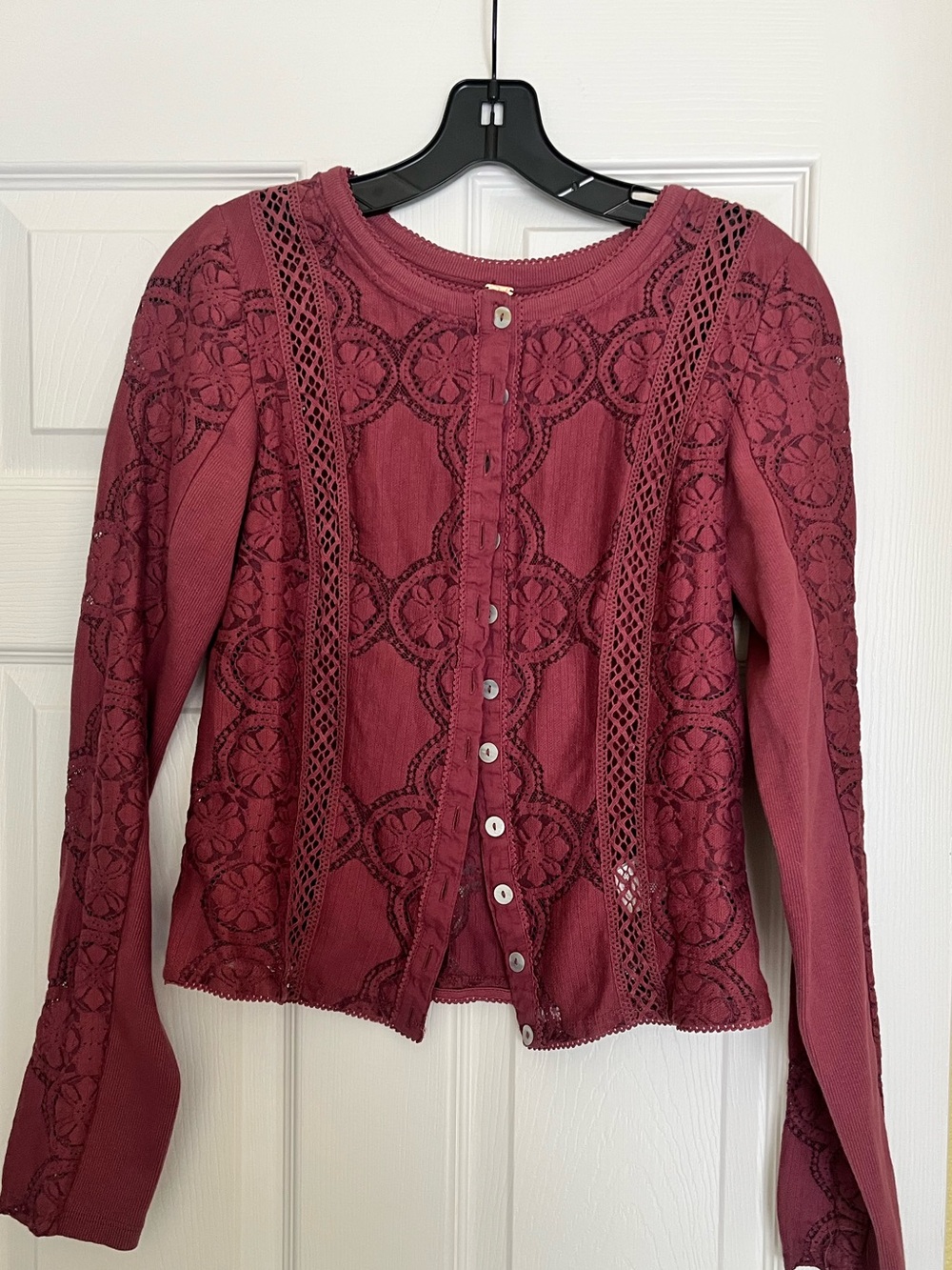 Free People Dusty Rose Lace-Trim Button Down Crop Top - Picture 4 of 8